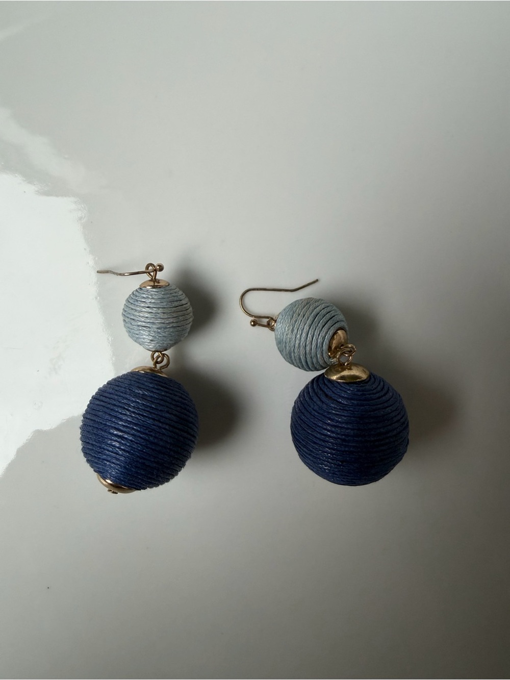 Blue Wrapped Ball Drop Earrings Gold Tone Nautical Coastal Statement Boho #015